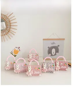 Mini sacs à main en tweed pour filles avec perles et broderies de lapin et carotte