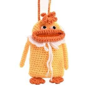 Handmade knitted duck crossbody bag for kids with cute yellow yarn and lace collar detail