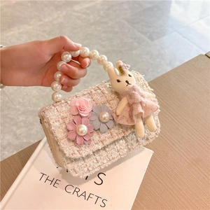 Girls Tweed Crossbody Bag With Artificial Pearl Handle And Bunny Doll Sweet Flower Decor Handbag For Kids Princess Fashion