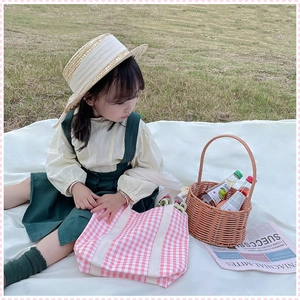 Pink checkered canvas bag paired with a green overall dress for a spring picnic setting