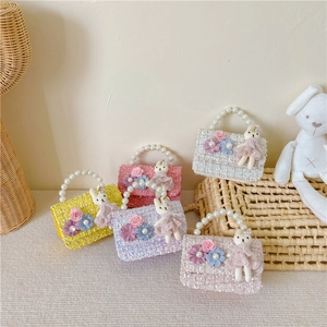 Tweed girls pearl handbag with plush bunny charm in pastel pink, purple and yellow