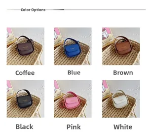 Detail display of six assorted colors of girls mini vintage flip handbags in a woven basket