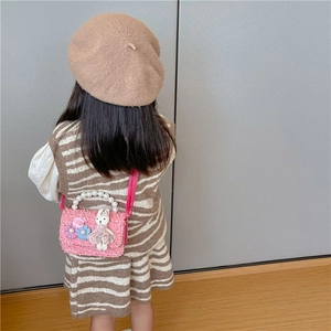 Pink tweed girls handbag with pearl handle and 3D flowers with a cute bunny charm