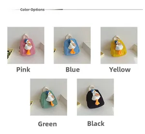 Detailed grid showing mini canvas duck backpacks in pink, blue, yellow, green, and black