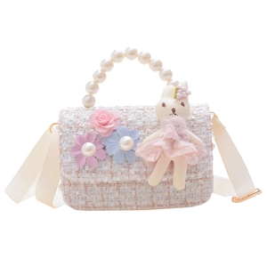 Pink tweed girls princess crossbody bag with pearl handle and 3D floral accents