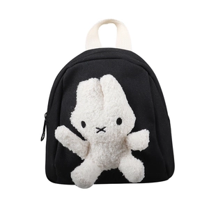 Cute black canvas rabbit backpack for kids with a white plush bunny mascot decoration