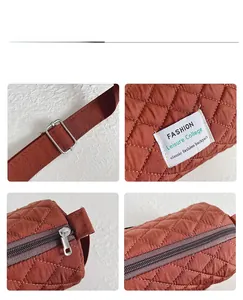 Detail view of brown quilted bag showing adjustable strap buckle and metal zipper