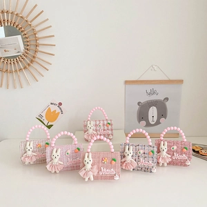 Sac À Épaule Enfants Tweed Mini Sac Bandoulière Main Avec Poignée En Künstliche Perles Et Peluche Lapin Pour Filles Mode Mignonne