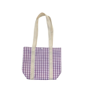Minimalist purple gingham canvas tote bag for girls with cream wide fabric handles