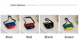 Detailansicht von vier Farboptionen für Kinder-Hüfttaschen aus Nylon mit verstellbarem Gurt