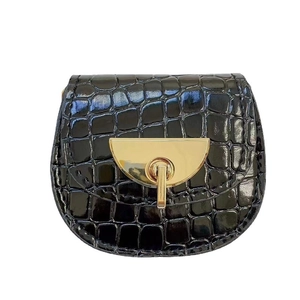 Kids black faux crocodile leather saddle bag with golden crescent buckle and chain strap