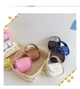 Detail display of mini leather crossbody bags for girls in six vibrant colors with gold text