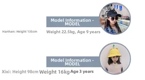 Size chart showing children's knit handbags with child model wearing measurements