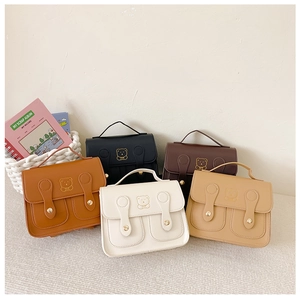 Collection of stylish retro PU leather kids backpacks in five colors with bear embroidery