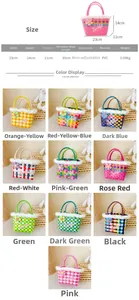 Detailed size specifications and 10 color options for woven flower child handbags