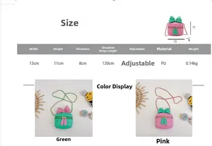 Size chart showing mini crossbody bag dimensions with green and pink quilted PU leather bags