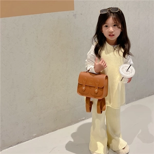Retro brown PU leather children's backpack with cute cartoon bear relief and buckle