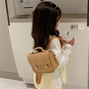 Vintage style brown PU leather kids backpack with cute bear embossing and handle