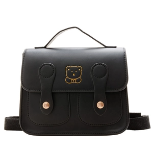 Vintage style black PU leather kids backpack with cute yellow cartoon bear embroidery