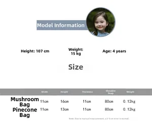 Size chart for handmade mushroom and pinecone crochet bags with model reference specs