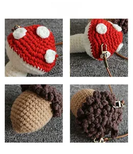 Macro detail of handmade crochet mushroom and acorn pendants with metal lobster clasps