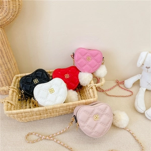 Heart Shaped Mini Crossbody Bag For Girls Quilted PU Leather Chain Shoulder Purse With Plush Ball Charm Fashion