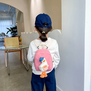 Pink toddler canvas backpack with 3D white duck plush toy for kindergarten kids