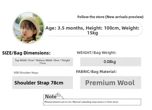 Tableau des tailles du sac en tricot avec infos mannequin et dimensions détaillées
