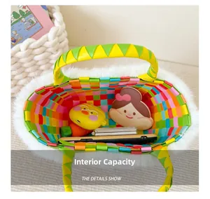 Top view of woven flower tote bag interior showing capacity with plush trim