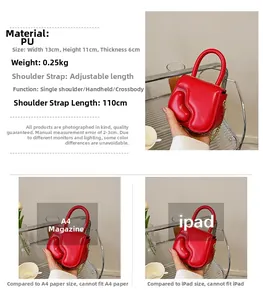 Detail view of red PU handbag showing 13x11x6cm size specs and adjustable strap