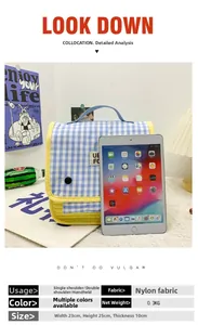 Detail view of small blue checkered kids backpack with size dimensions 23x25x10cm