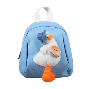 Cute light blue kids canvas backpack with a 3D plush duck in denim hat and toast accessory