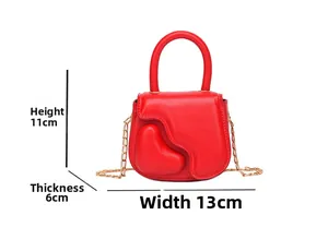 Red leather mini bag with heart embossing, round handle and chain strap, 13x11x6 cm size