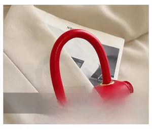 Detail of red leather mini bag with smooth handle and gold round metal fasteners