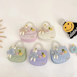 Mini Sac Bandoulière Fille Poupée Lapin Tissu Texturé Poignée Künstliche Perle Sac À Main Princesse Petit Sac Épaule Enfant