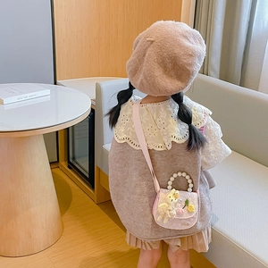 Sac bandoulière rose pour filles avec lapin en peluche, perles et dentelle douce