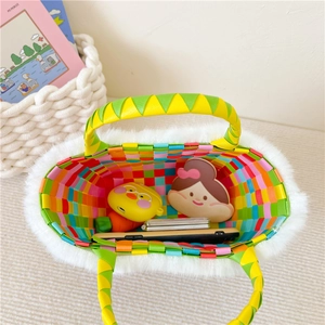 Colorful woven plaid handbag for kids with white plush trim and spacious open interior