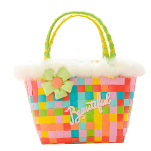 Colorful woven handbag for girls with white faux fur trim and green flower decoration