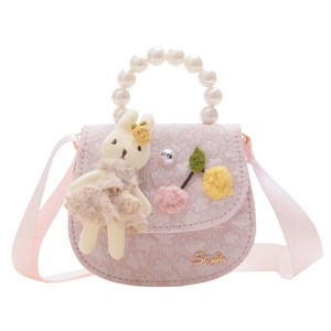 Sac à main princesse pour filles en dentelle rose avec poignée en perles et lapin