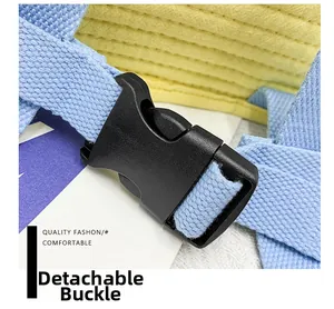 Detail of the blue durable woven strap and black plastic quick-release buckle on a backpack