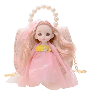 Pink lace doll handbag for girls with pearl handle and golden chain strap for princess style