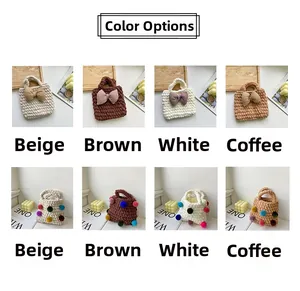 Winter girls' plush hand-woven mini handbags with large bows and colorful fuzzy pom-poms