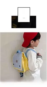 Detail of canvas kids backpack featuring blue-white check pattern and yellow color contrast