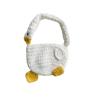 Cute handmade white goose crochet handbag for kids with yellow beak and handle details