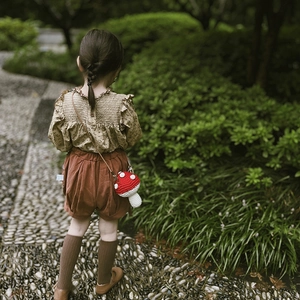 Handmade crochet mushroom bag with floral shirt and linen bloomers outfit for girls