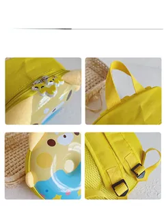Détails du sac à dos beignet jaune montrant la fermeture, la poignée et le dos en filet