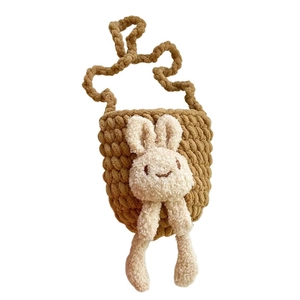 Sac à bandoulière mignon en tricot marron pour filles avec motif de lapin en peluche