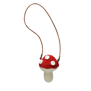 Handmade red mushroom crochet shoulder bag for girls with leather strap and white dots