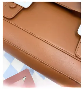 Detailed close-up of brown PU leather texture and precise stitching on the children's backpack