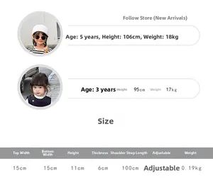 Tableau des tailles détaillé pour sacoche enfant en velours avec dimensions et infos